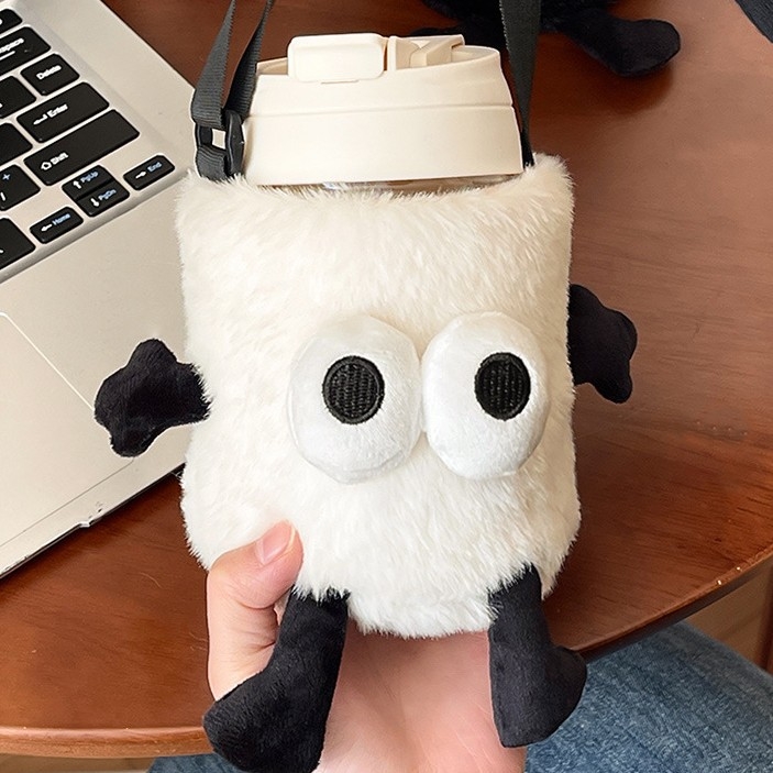 Husă plușată izolantă pentru cană cu curea crossbody, protecție împotriva arsurilor și a căderilor