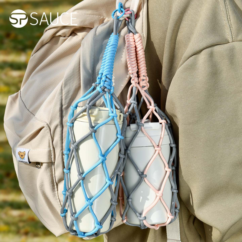 Geantă din plasă pentru sticlă de apă, sfoară din nylon împletită, geantă de mână portabilă pentru exterior, stil retro