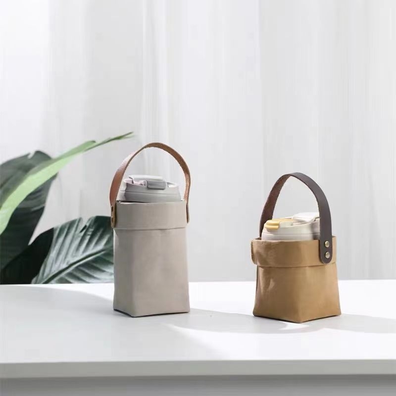 Husă universală portabilă pentru pahare de cafea și cești termo, cu pungă lavabilă din hârtie Kraft, design minimalist
