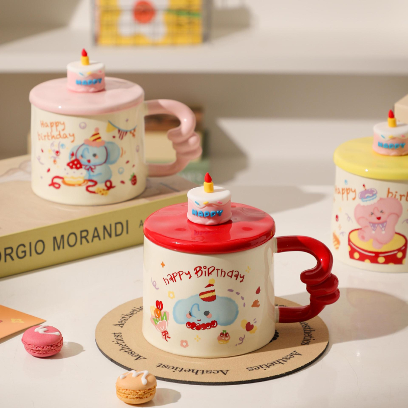 Cană ceramică cu capac, design desen animat, suvenir drăguț pentru studenți