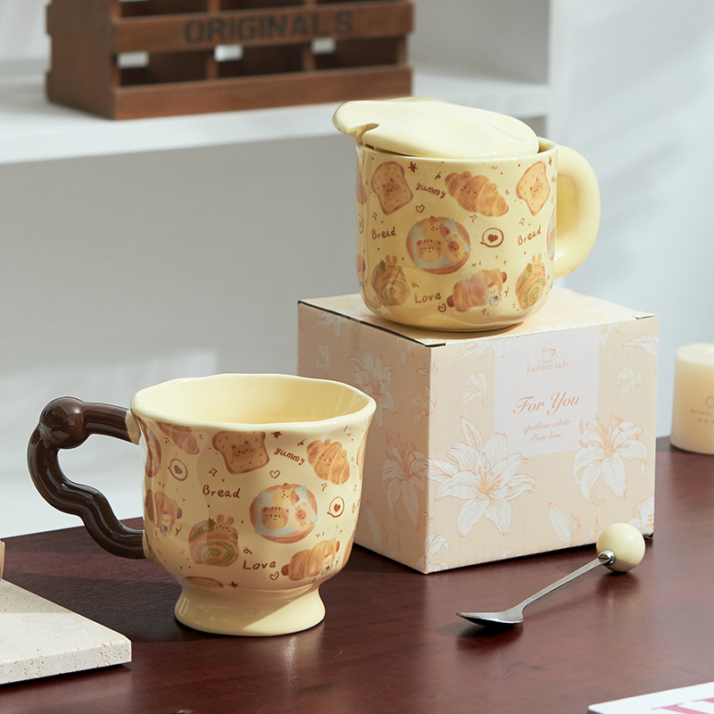 Set de căni ceramice cu design de desene animate pentru cupluri – cadou creativ pentru cafea