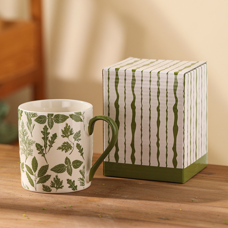 Cană ceramică cu mâner, capacitate mare, cu frunze verzi și flori, design retro