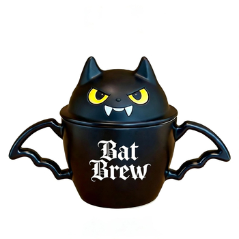Cană de Halloween cu liliac și pisică neagră, capac, mâner dublu, ceramică închisă – cadou creativ