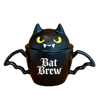 Cană de Halloween cu liliac și pisică neagră, capac, mâner dublu, ceramică închisă – cadou creativ