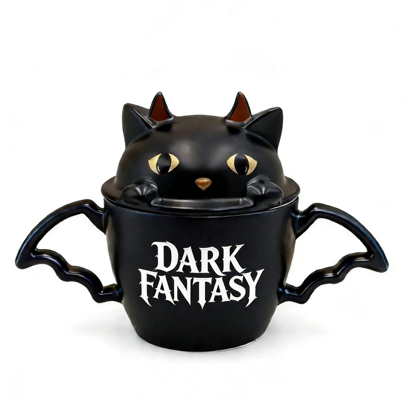 Cană de Halloween cu liliac și pisică neagră, capac, mâner dublu, ceramică închisă – cadou creativ