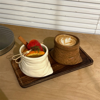 Cană ceramică în formă de sacoșă din material textil, stil retro, pentru cafea latte – ediție pentru cupluri