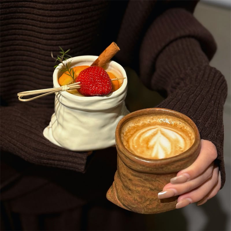 Cană ceramică în formă de sacoșă din material textil, stil retro, pentru cafea latte – ediție pentru cupluri