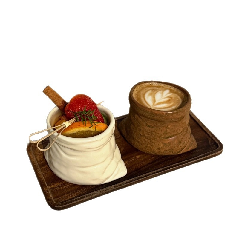 Cană ceramică în formă de sacoșă din material textil, stil retro, pentru cafea latte – ediție pentru cupluri