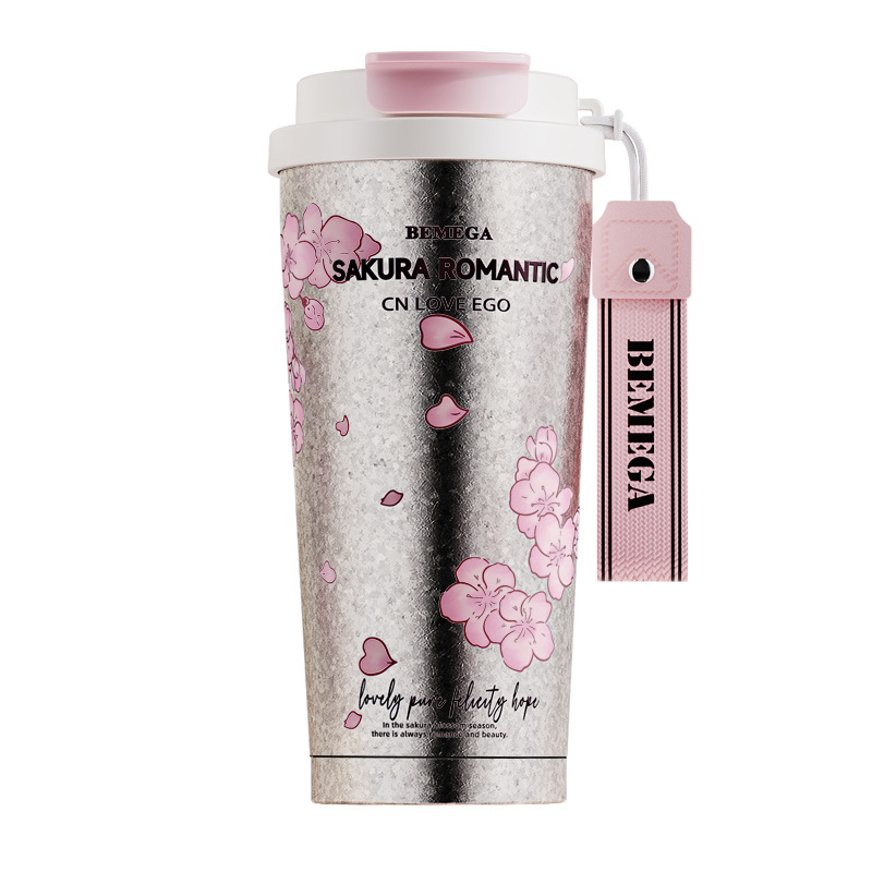 Bemega cană termos din titan pur pentru femei, design cu floare de cireș, model 2026, cu pai, pentru cafea și apă