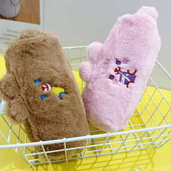 Penar din pluș cu broderie de urs, mâner, design simplu, capacitate mare, pentru elevi, drăguț pentru sezonul de iarnă