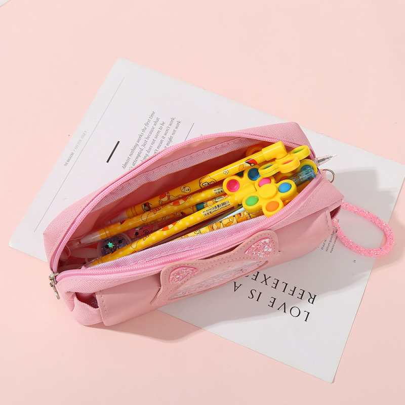 Penar din pânză cu design pisică, stil coreean, trei compartimente, pentru elevi