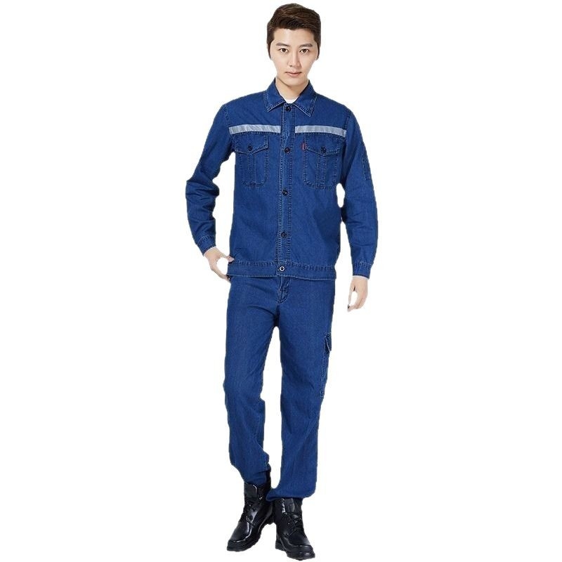 Nyári denim munkaruha szett hosszú ujjú, könnyű védőruha a műhelyhez villanyszerelőknek és hegesztőknek