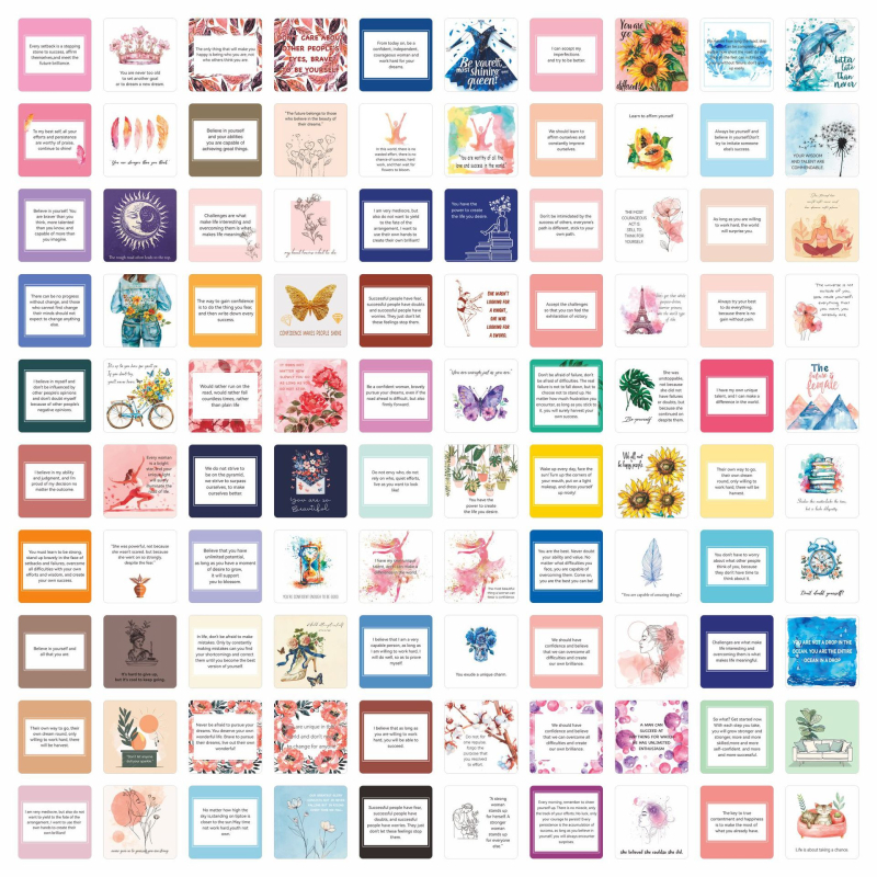 Set de 50 cărți în limba engleză, inspirație pentru femei, în cutie, pătrate, finisaj mat, de înaltă calitate