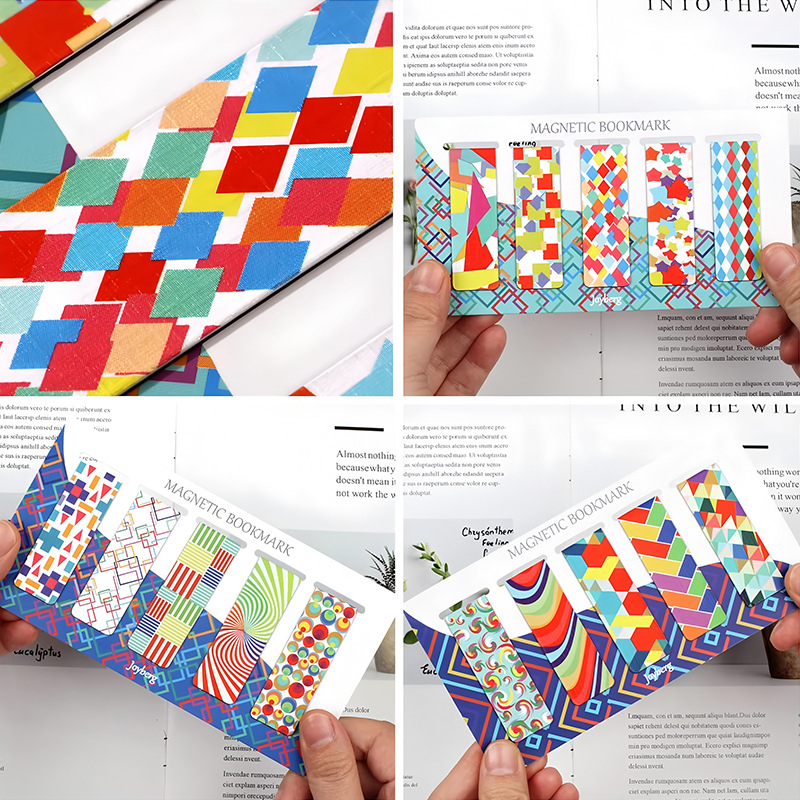 Semne de carte magnetice din PVC, set de 15 bucăți, cu două fețe, modele geometrice colorate, stil anime, accesorii pentru jurnal