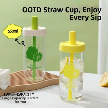 Pahar din sticlă borosilikat cu pai, design cu lămâie, capacitate mare, rezistent la căldură și frig, aspect stilat.