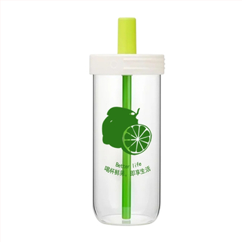 Pahar din sticlă borosilikat cu pai, design cu lămâie, capacitate mare, rezistent la căldură și frig, aspect stilat.