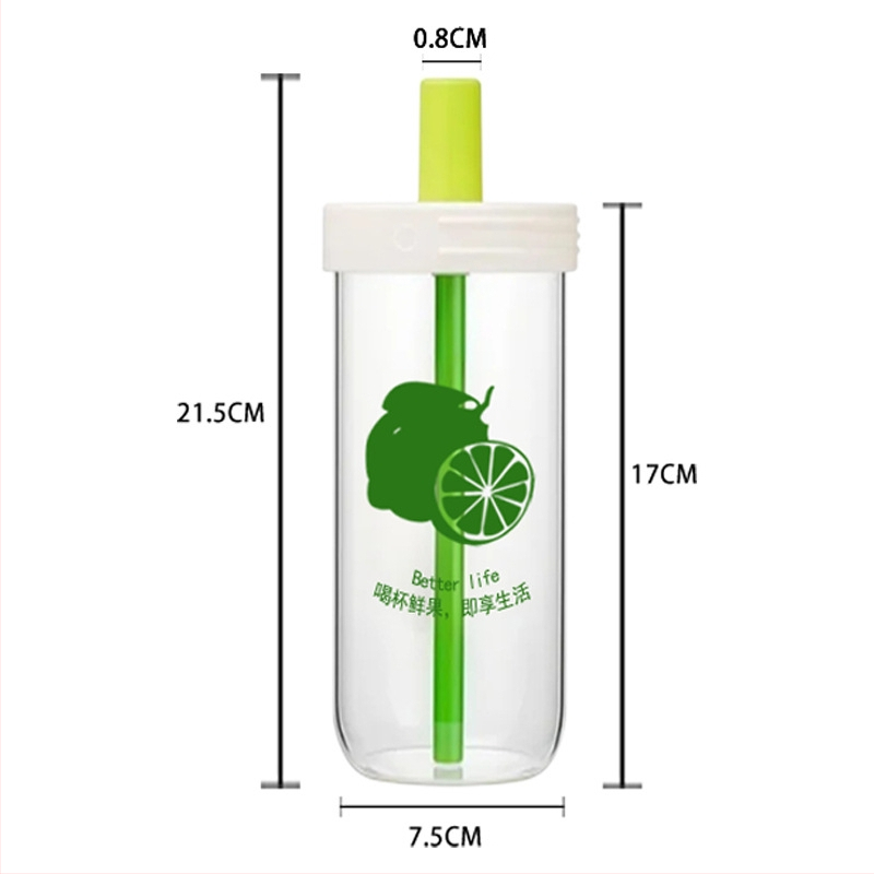 Pahar din sticlă borosilikat cu pai, design cu lămâie, capacitate mare, rezistent la căldură și frig, aspect stilat.