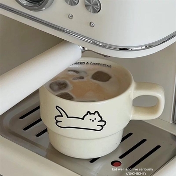 Set de căni ceramice suprapuse cu pisică și cățeluș, rezistente la temperaturi înalte, pentru cafea