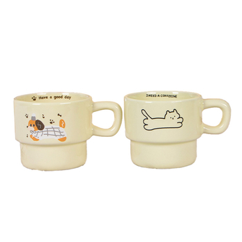 Set de căni ceramice suprapuse cu pisică și cățeluș, rezistente la temperaturi înalte, pentru cafea