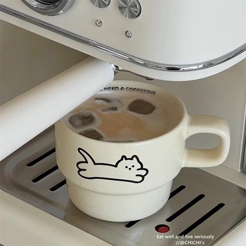 Set de căni ceramice suprapuse cu pisică și cățeluș, rezistente la temperaturi înalte, pentru cafea