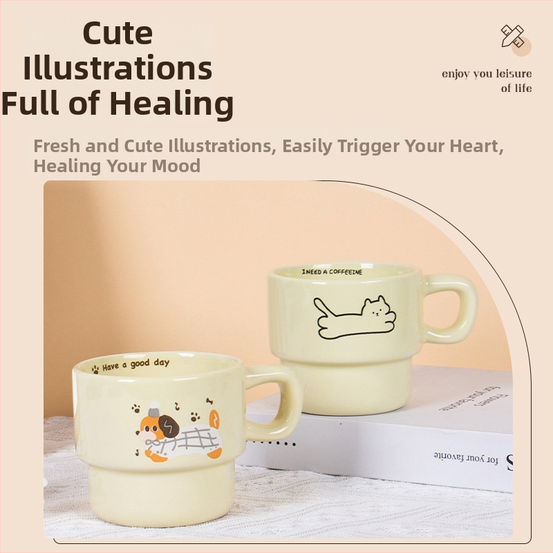 Set de căni ceramice suprapuse cu pisică și cățeluș, rezistente la temperaturi înalte, pentru cafea
