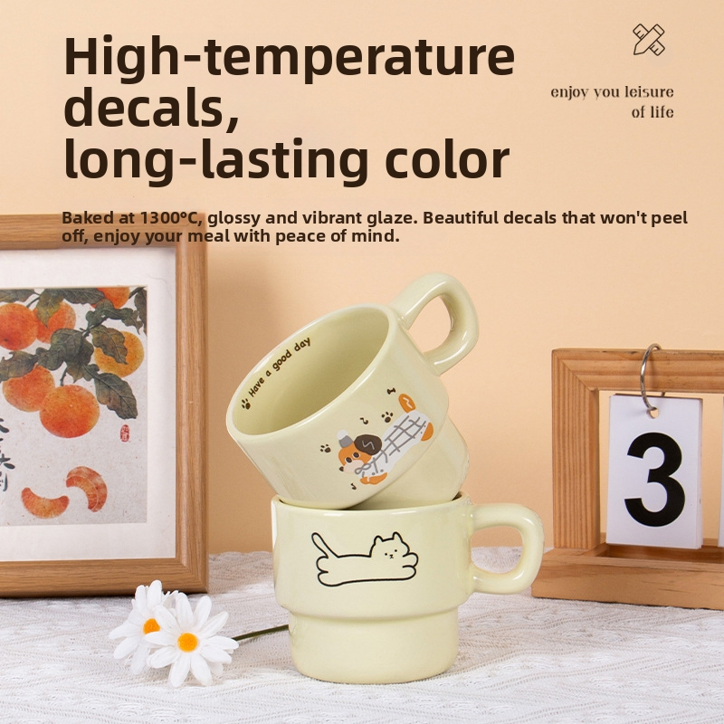 Set de căni ceramice suprapuse cu pisică și cățeluș, rezistente la temperaturi înalte, pentru cafea