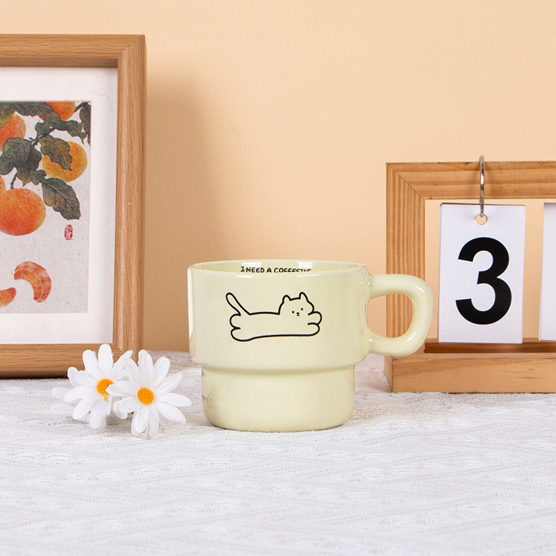 Set de căni ceramice suprapuse cu pisică și cățeluș, rezistente la temperaturi înalte, pentru cafea