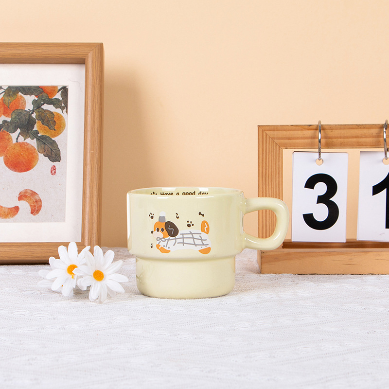 Set de căni ceramice suprapuse cu pisică și cățeluș, rezistente la temperaturi înalte, pentru cafea