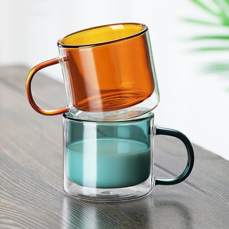 Ceașcă din sticlă borosilicat cu două straturi, cu mâner, izolată, pentru cafea și ceai, sticlă colorată, pentru utilizare casnică, cană personalizată