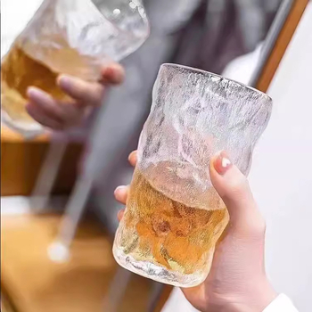 Pahar din sticlă cu model glaciar, cilindric, fără capac