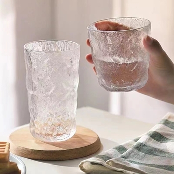 Pahar din sticlă cu model glaciar, cilindric, fără capac