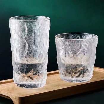 Pahar din sticlă cu model glaciar, cilindric, fără capac