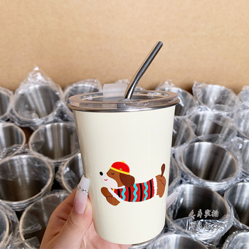 ceașcă din oțel inoxidabil cu pai și capac, design dachshund, pentru uz casnic
