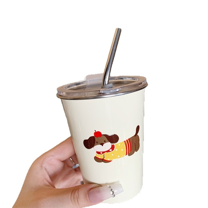 ceașcă din oțel inoxidabil cu pai și capac, design dachshund, pentru uz casnic
