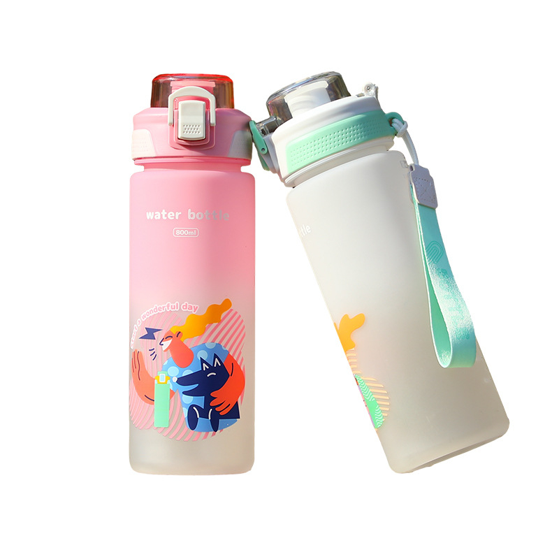 Sticlă de apă din plastic, capacitate mare, pentru activități în aer liber, cu curea de purtare, design gradient animație, băut direct