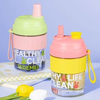 Sticlă de apă personalizată, cu pai, din plastic, portabilă pentru elevi, design desen animat
