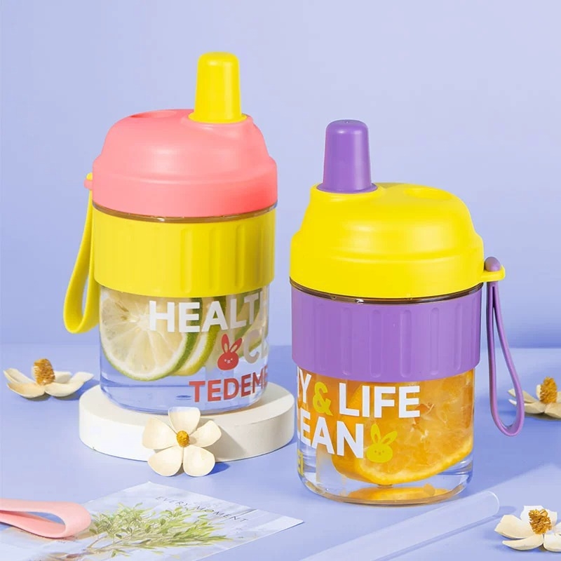 Sticlă de apă personalizată, cu pai, din plastic, portabilă pentru elevi, design desen animat
