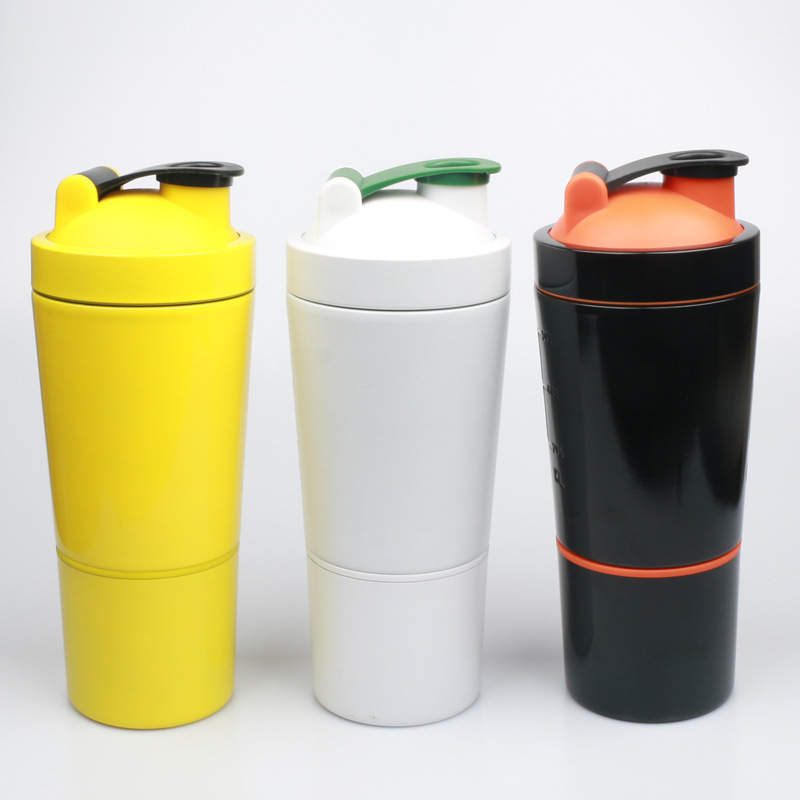 Sticlă shaker din oțel inoxidabil 304, 600 ml, compartiment dual cu spațiu pentru pudră, pentru shake-uri proteice