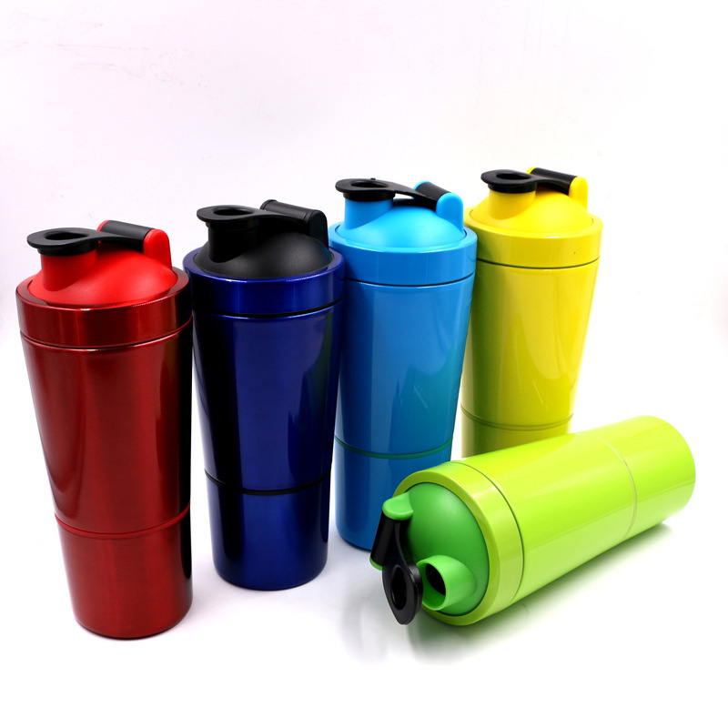 Sticlă shaker din oțel inoxidabil 304, 600 ml, compartiment dual cu spațiu pentru pudră, pentru shake-uri proteice
