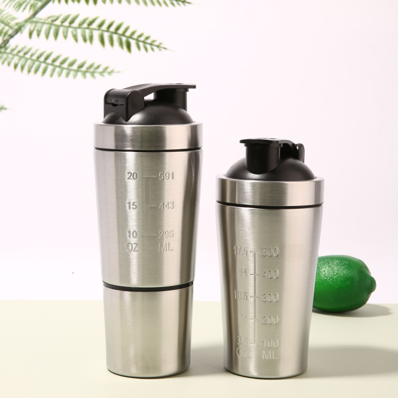 Sticlă shaker din oțel inoxidabil 304, 600 ml, compartiment dual cu spațiu pentru pudră, pentru shake-uri proteice