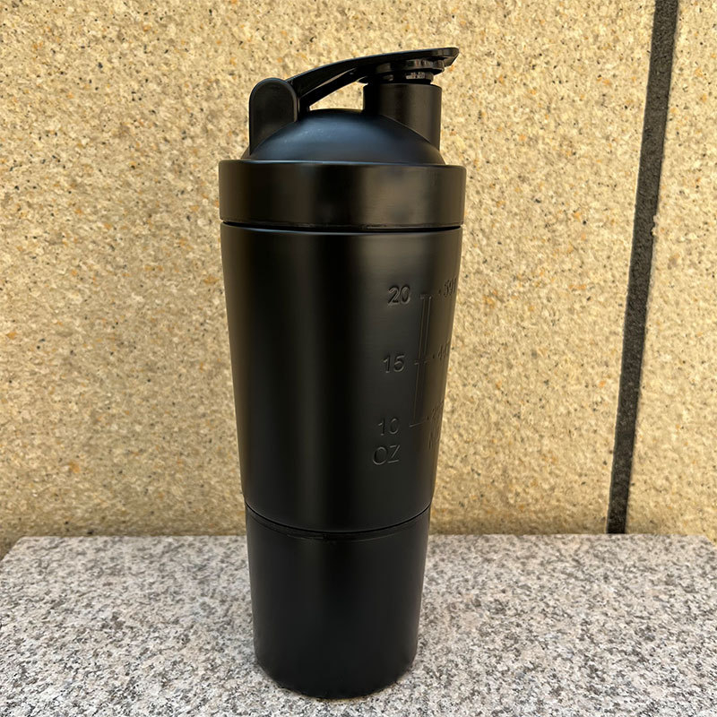 Sticlă shaker din oțel inoxidabil 304, 600 ml, compartiment dual cu spațiu pentru pudră, pentru shake-uri proteice