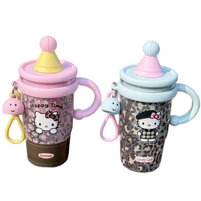 Cană Tritan cu pai Leopard kitten, model 2026, capacitate mare, cu infuzor pentru ceai