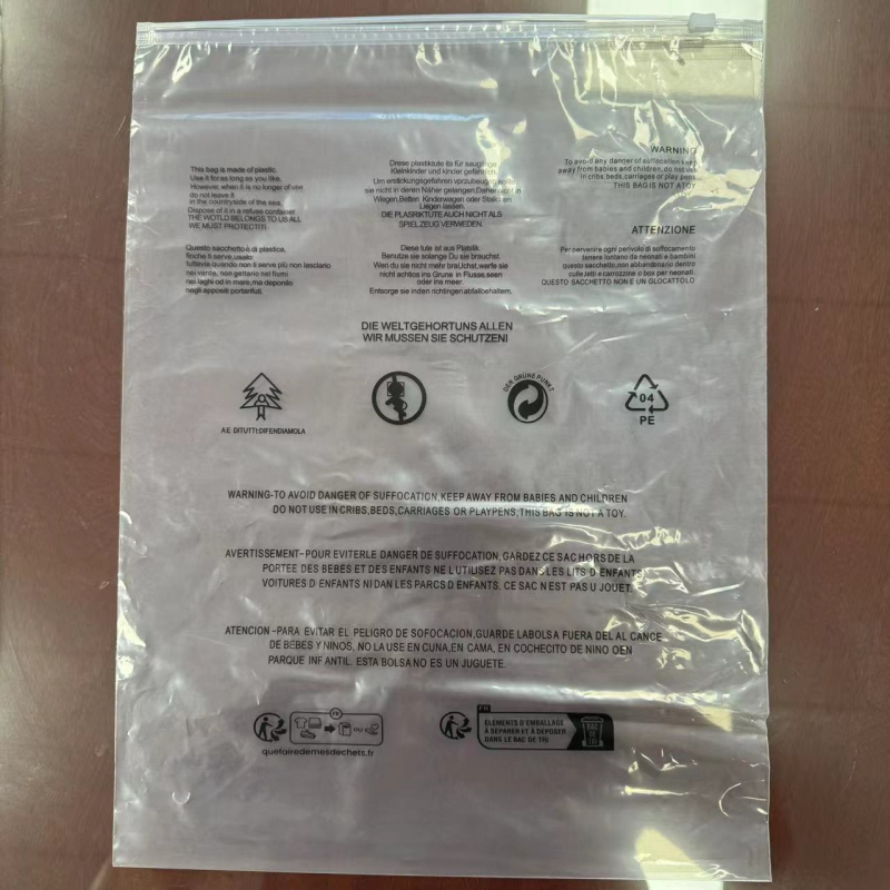 Pungă PE transparentă cu avertisment pentru haine, șosete și lenjerie, închidere automată, pungă din plastic mat