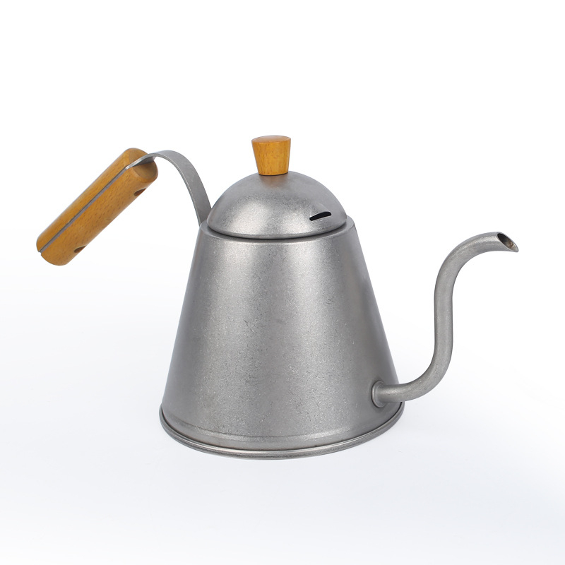 Ceainic pentru cafea prin turnare, din oțel inoxidabil 304, mâner din lemn, gură lungă, 800 ml, gură fină, pentru prepararea cafelei în aer liber