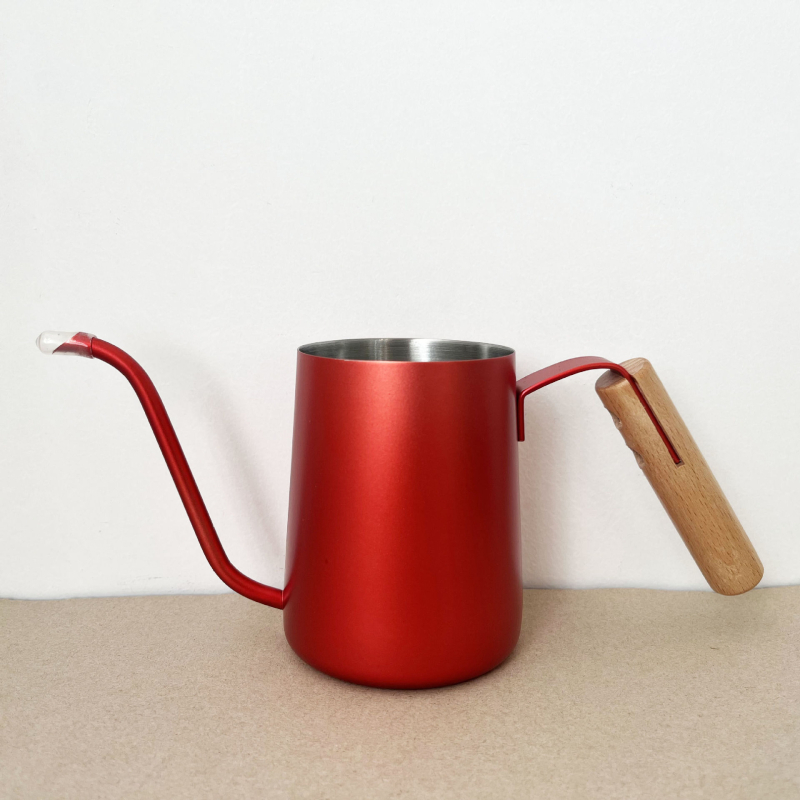 Ceainic pentru cafea pour-over cu gooseneck, din oțel inoxidabil, cioc lung și îngust, mâner din lemn masiv
