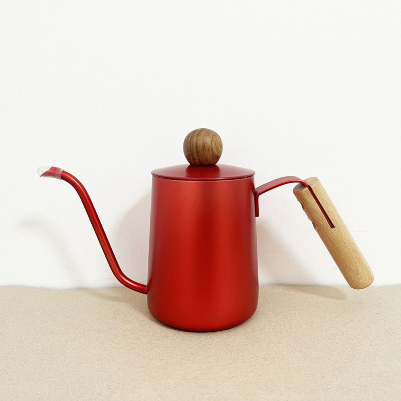 Ceainic pentru cafea pour-over cu gooseneck, din oțel inoxidabil, cioc lung și îngust, mâner din lemn masiv