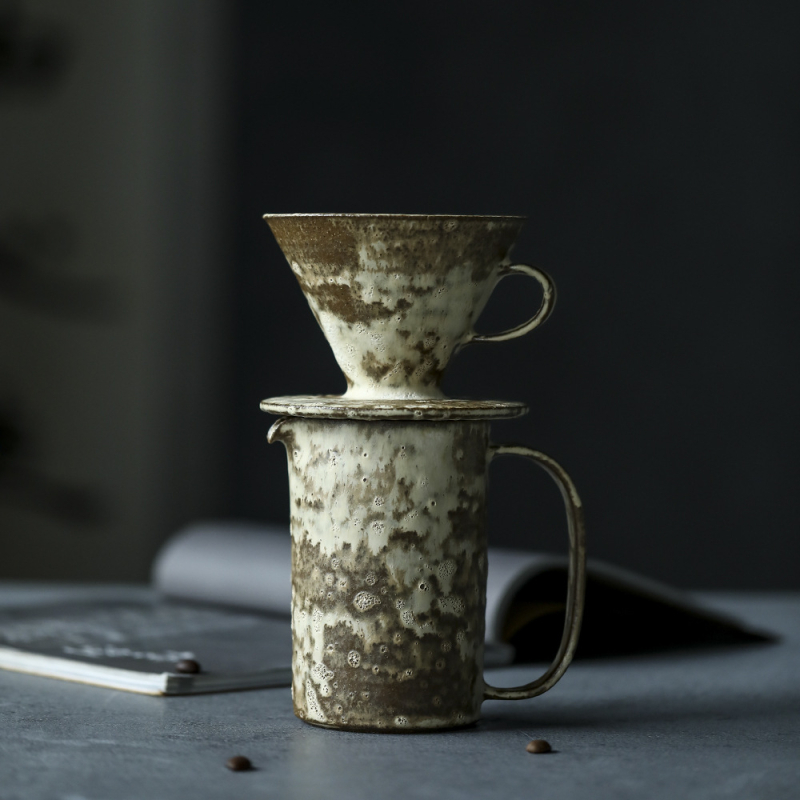Set ceramic pentru cafea, pentru preparare manuală acasă, cu V60 pour-over și filtru japonez, realizat manual