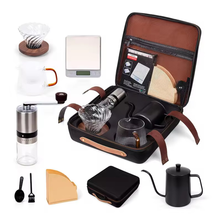 Set de cafea pour-over pentru călătorii și drumeții – set complet de echipamente și accesorii pentru cafea, cutie cadou