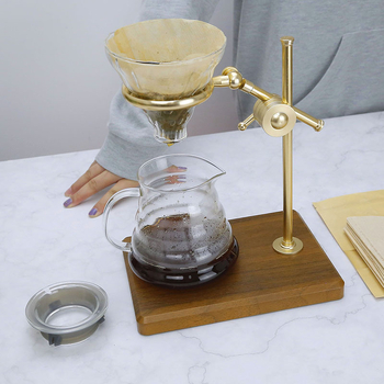 Cană de cafea turnată manual din sticlă borosilicat, suport din alamă și filtru de cafea pentru picurare