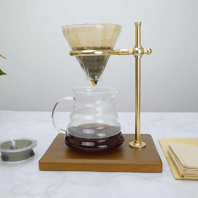 Cană de cafea turnată manual din sticlă borosilicat, suport din alamă și filtru de cafea pentru picurare